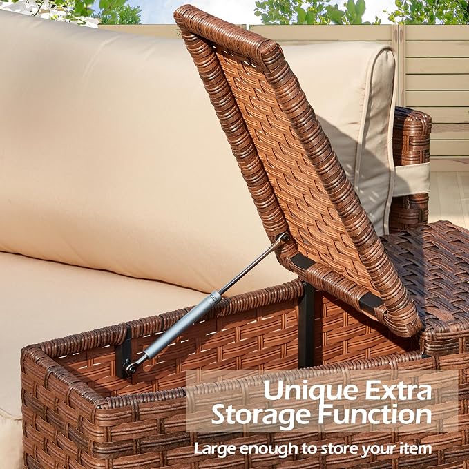 ECOTOUGE 8-Piece Half-Moon Curved Patio Furniture Set with Fire Pit Table, Wicker Rattan Sectional Sofa with Thick Cushions, Outdoor Conversation Set for Backyard Garden No Tank Cover(Beige, Grey)