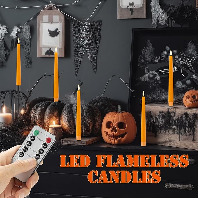 Orange Flameless Taper Candles, 9.6" Halloween Battery Operated Candles with Remote, Real Wax Fall Led Candle, Flickering Flameless Candlesticks for Fall, Thanksgiving, Harvest, Halloween Decor, 3 Pcs