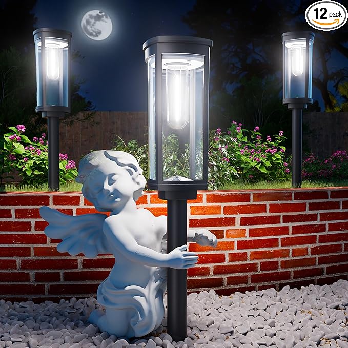 ALFIOT Solar Pathway Lights Outdoor, Bright Solar Lights Outdoor, IP65 Waterproof Landscape Lighting for Yard Patio Walkway Driveway Pathway (Cool White (Cylinder), 12 Pack)