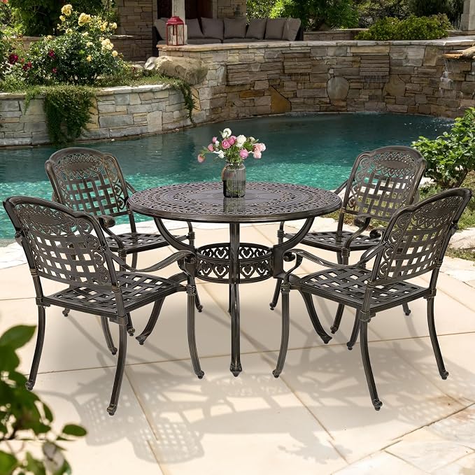 5-Piece Outdoor Patio Dining Set, All-Weather Cast Aluminum Patio Furniture Set with 4 Chairs and 38.5" Round Table for Backyard Garden Deck, 2" Umbrella Hole