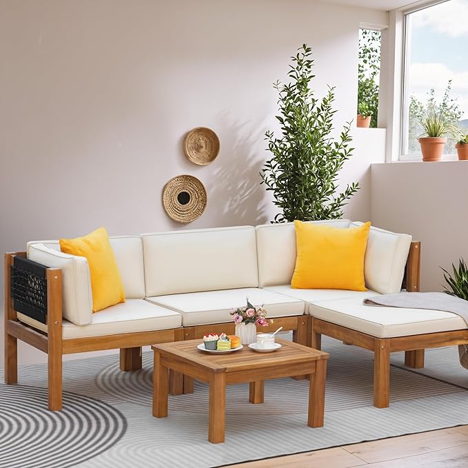 Greesum 5 Pieces Patio Furniture Set Acacia Wood Outdoor Conversation Sets with Tea Table for Garden Porch and Backyard, Beige