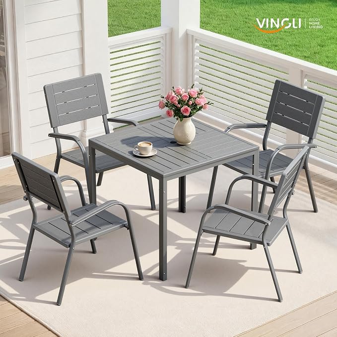 VINGLI Outdoor Patio Dining Chairs, Stackable HDPE All-Weather Arm Chairs, Weatherproof Outdoor Seating for Garden, Backyard, Poolside, Balcony,Grey (2 Pack)