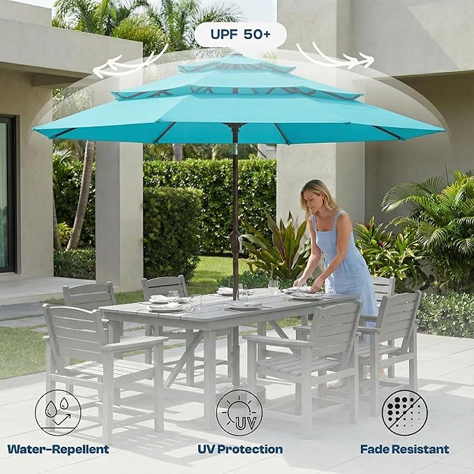 10ft Patio Umbrella, 3 Tier Outdoor Market Table Umbrellas with 8 Fiberglass Ribs and Push Button Tilt, Windproof, Vented Canopy, UV Protection for Deck, Pool, Backyard