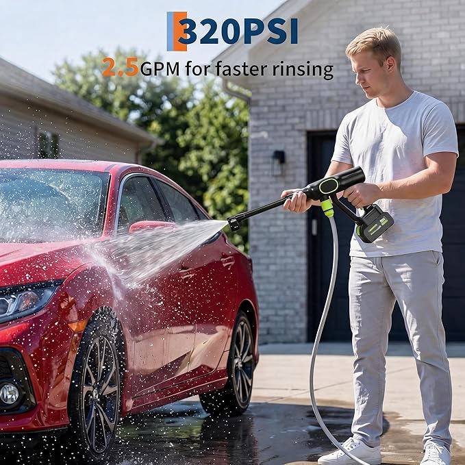 20V Cordless Pressure Washer, 320 PSI 2.5 GPM Portable Power Cleaner with 4.0Ah Battery, 6-in-1 Nozzle, 23ft Hose, Foam Cannon, for Car Patio Yard Cleaning