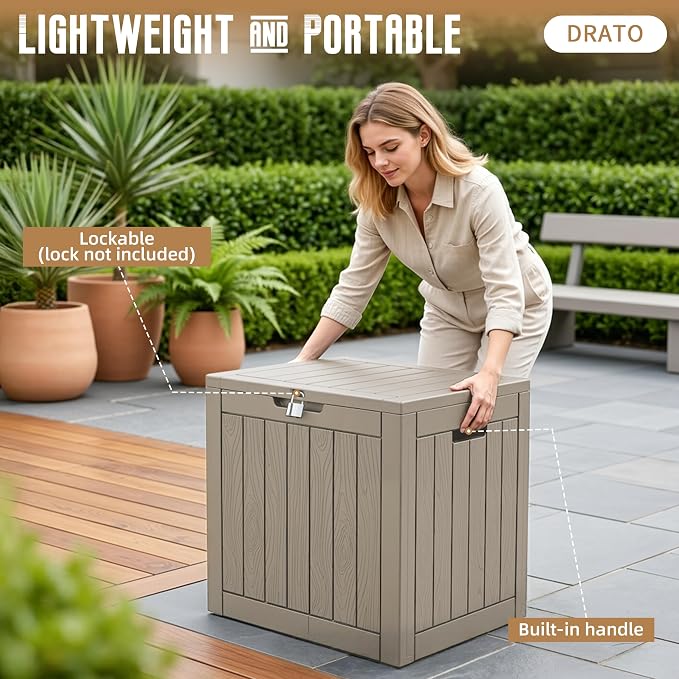 DRATO 35 Gallon Outdoor Storage Box Waterproof, Lockable Resin Deck Box with Lid for Patio Furniture Bench, Pool Garden Tools, Weatherproof Outside Storage Bin for Backyard Porch (Grey, 35 Gallon)