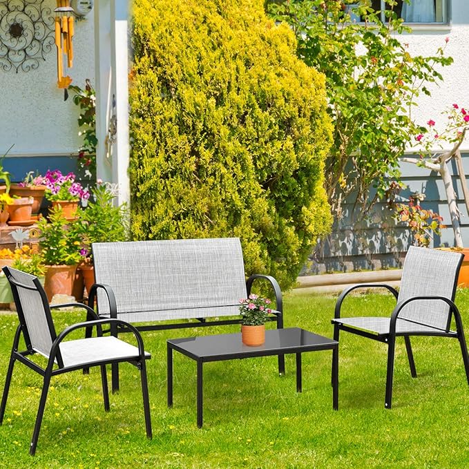 Tangkula 4 Pieces Patio Furniture Set, Metal Frame Heavy Duty Outdoor Conversation Set, Includes Glass Top Coffee Table, 2 Armrest Chairs and Loveseat, Suitable for Lawn Garden Porch Balcony (Gray)