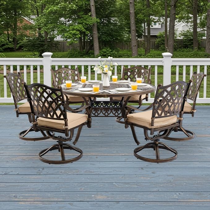 7-Pcs Cast Aluminum Patio Dining Set with 6 Swivel Chairs,Bronze | Outdoor Furniture Set Include 54" Round Dining Table and 6 Swivel Chairs with Cushions & Umbrella Hole