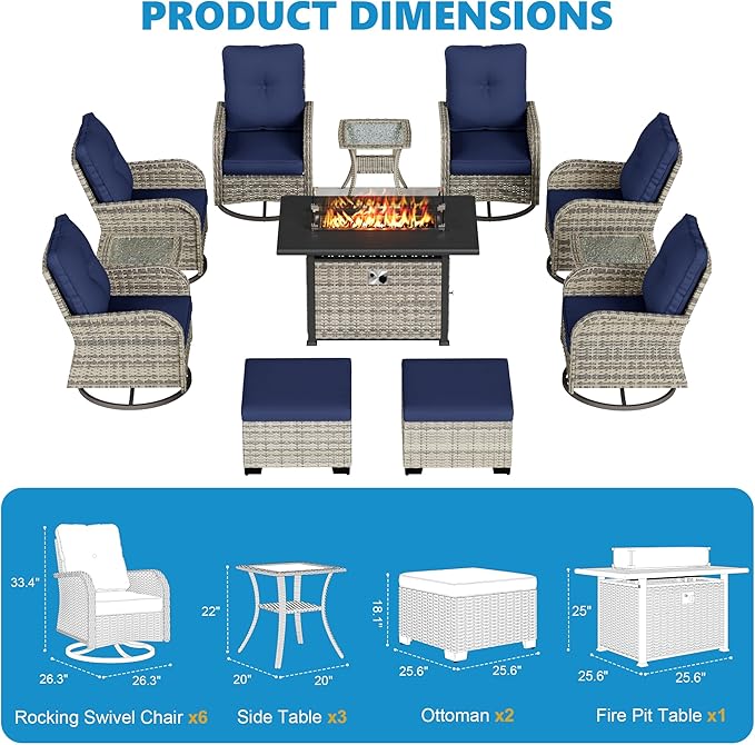 12-Piece Small Patio Furniture Set, Outdoor Swivel Rocking Chairs Set with 55,000 BTU Fire Pit Table Wicker Chairs and Ottomans, Patio Bistro Set for Balcony, Deck, Porch, Navy Blue