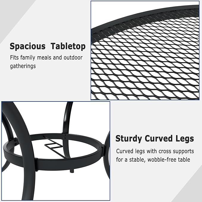 47" Round Patio Table with Umbrella Hole, Metal Outdoor Dining Table for Garden, Backyard and Deck, 6 Person Round Patio Dining Table for Outside, Black Mesh Table