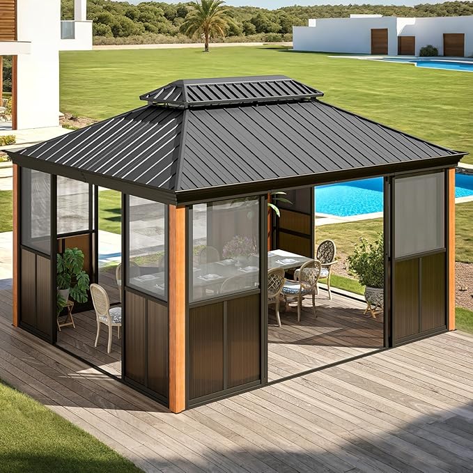 EROMMY 12' X 14' Hardtop Sunroom, Galvanized Steel Double Roof Gazebo Solarium with Wood Grain Aluminum Frame & Detachable Windows, All-Weather Sun Room for Patio Deck Backyard