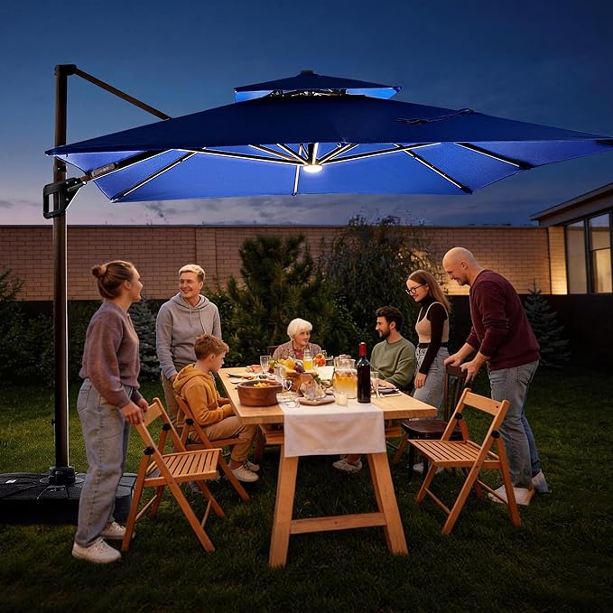 JZAC & QZYD 9x12 FT Outdoor Cantilever Patio Umbrella with Base Included and LED Lights, Large Heavy Duty 2-Tier Aluminum Offset Umbrellas with 360-Degree Rotation for Pool Deck, Navy