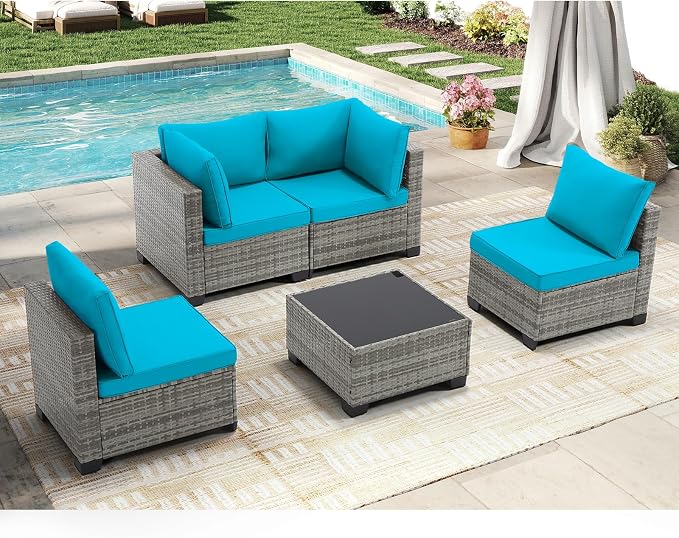 CANMOV 5 Pieces Patio Furniture Sets, All Weather Outdoor Patio Conversation Set, PE Wicker Rattan Sectional Sofa Couch Glass Coffee Table Washable Cushions for Backyard, Porch, Poolside, Peacock Blue