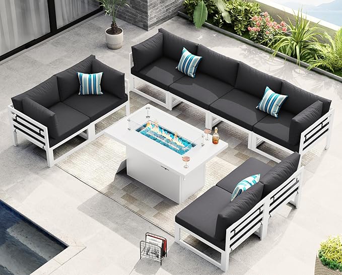 NICESOUL 8 Person Modern Aluminum Outdoor Patio Furniture Set with Fireplace, 29" Wide Deep Seating, Water Resistant L Shaped Sectional Couch, Large Conversation Set for Backyard Terrace, Dark Gray