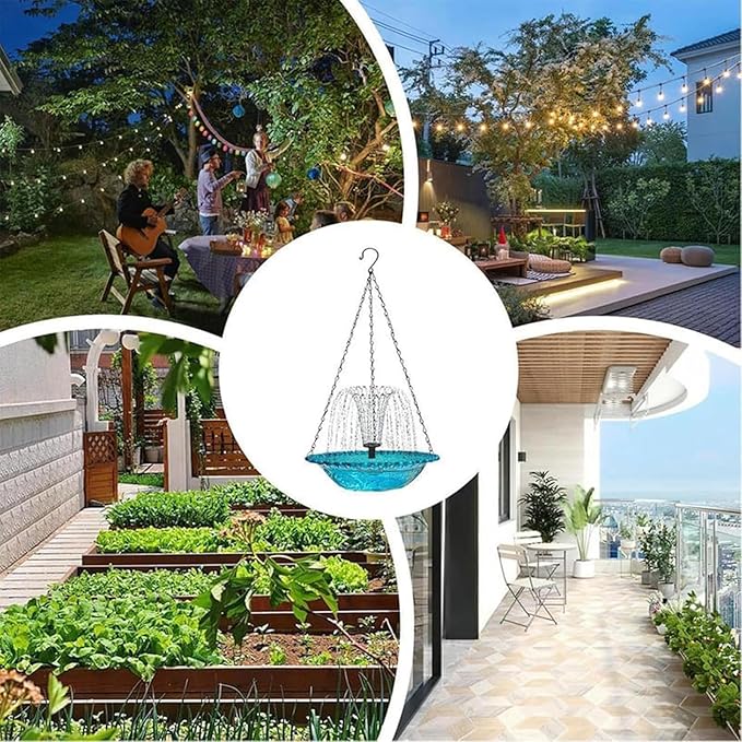 2026 New Cascade Hanging Bird Bath Fountain, Metal Solar Powered Birdbath with Water Pump for Outdoor Garden Decor, Humming Birds Baths Fountains (Blue)