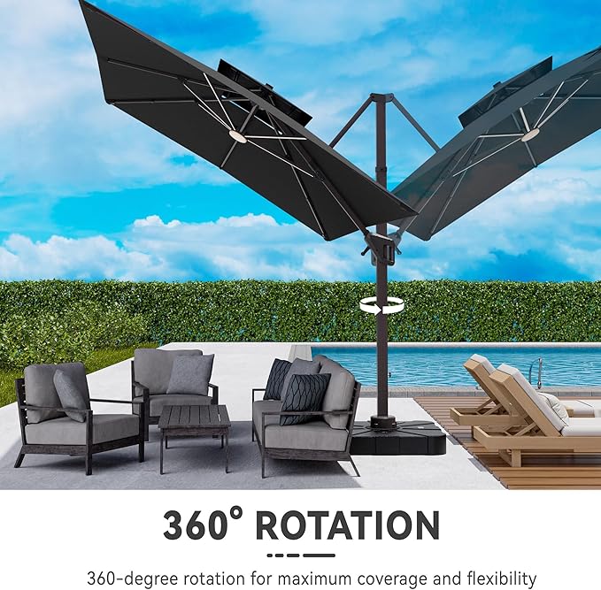 10x13 FT Cantilever Patio Umbrella with Base and Led Lights Double Top Outdoor Rectangular Large Heavy Duty Aluminum Offset Umbrellas with 7 Level Tilt 360-degree Rotation for Pool Garden Deck, Grey