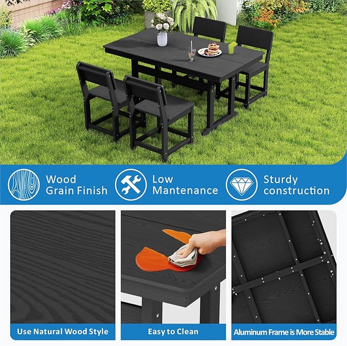 5-Piece HDPE Outdoor Patio Dining Set,Modern Plastic Dining Sets，Patio Table and Chairs Set with Umbrella Hole Cut-Out Table and 4 Chairs Black