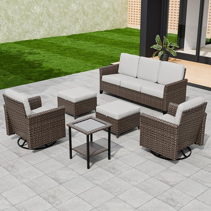 COOS BAY Harbor Retreat 6 Piece Outdoor Furniture Set, Patio Conversation Set with Swivel Rocking Chairs, 3 Seat Couch, Side Table and Ottomans, Wicker Furniture, Brown/Beige