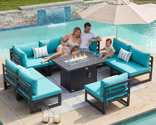 BULEXYARD 9 Piece Large Modern Aluminum Outdoor Patio Furniture Set with Fire Pit Table Propane/Gas, 29 inch Wide Deep Seat, Anti-Rust Comfy Sectional Sofa, 500 lbs Sturdy Conversation Set, Turquoise
