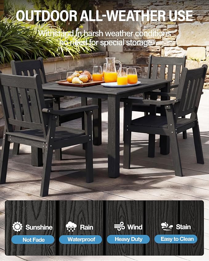 YEFU HIPS Patio Table Set: 5 Piece Outdoor Square Table and Chairs with Metal Aluminum Frame - Black Modern Plastic Patio Dining Furniture Set 4 Person for Outside Deck