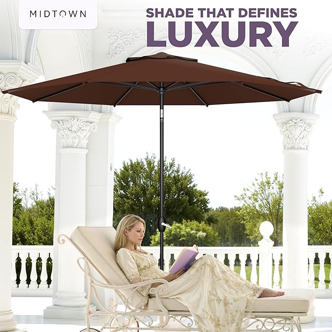 Midtown Umbrellas - The Lean 10 Ft Patio Umbrella with Fade-Resistant Sunbrella Fabric, Auto-Tilt Aluminum Frame and 8 Reinforced Ribs for Deck, Pool & Garden - Bay Brown Canopy, Black Pole