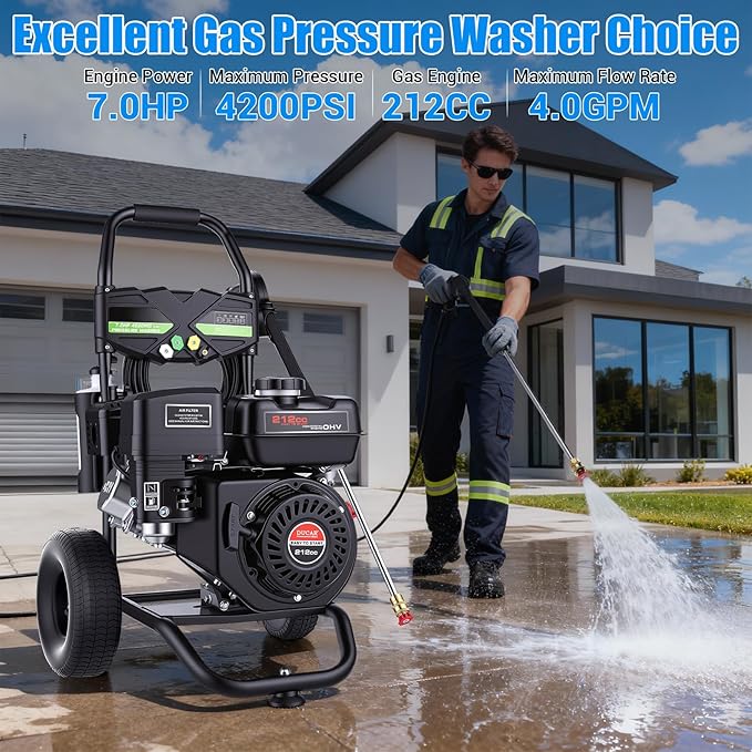 Gas Powered Pressure Washer 4200 PSI Gas Power Washer 4.0 GPM 212CC Commercial High Pressure Washer Cleaner with 25ft Hose, Spray Gun and Extension Wand, 5 Quick Connect Nozzles,Copper Pump