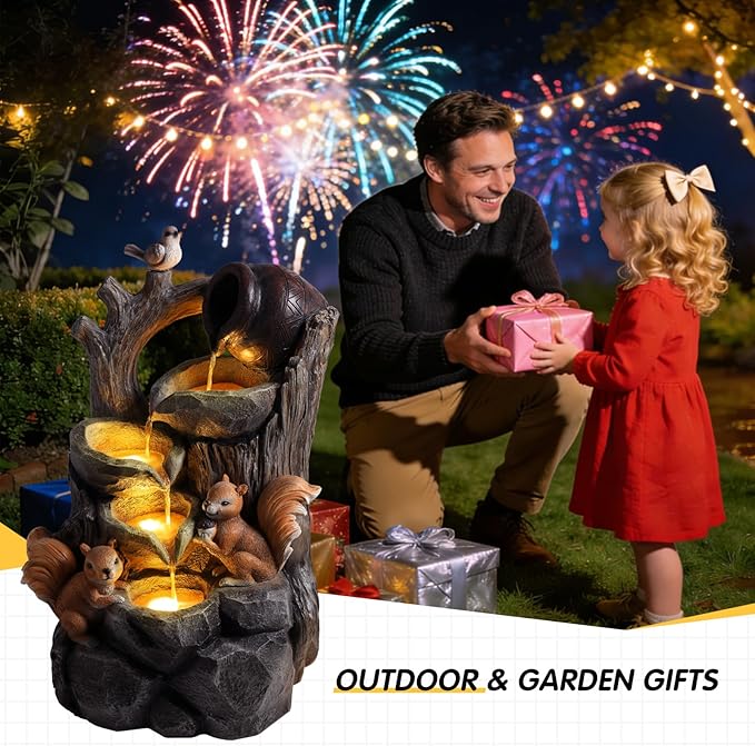 30.1" H Modern Squirrel Outdoor Water Fountain with LED Lights and Pump, Floor Standing Waterfall Feature Outdoor Garden Fountain for Garden, Porch, Patio and Backyard Decor