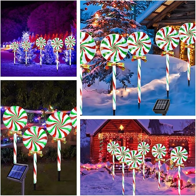 Christmas Solar Lollipop Pathway Lights 5 Pack Outdoor Candy Cane Stake Light with Bow Waterproof Walkway Xmas Outsides Garden Yard Lighting Landscape Decorative Decoration