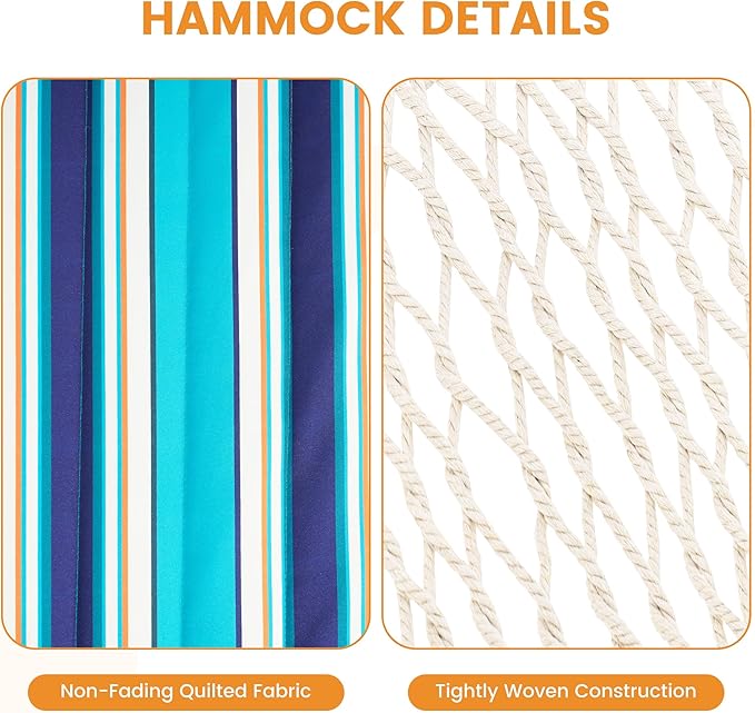 Lazy Daze Hammocks Rope Hammock with Pad, Spreader Bar, Carabiners, Tree Straps, Chains for Outside Patio- Max 450 Lbs, Turquoise Blue Stripes