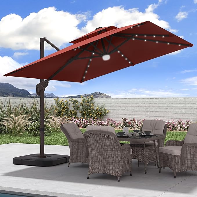 JZAC & QZYD 9x9 FT Outdoor Cantilever Patio Umbrella with Base Included and Solar LED Lights, Large Heavy Duty 2-Tier Square Aluminum Offset Umbrellas with 360-Degree Rotation for Pool Deck, Red