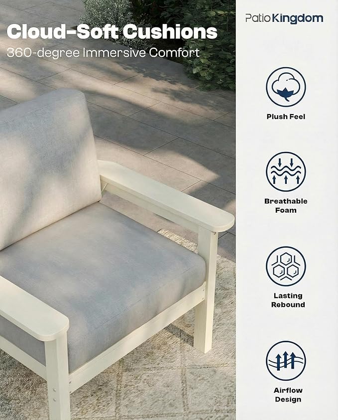 Patio Furniture Set with Washable Thick Gray Cushions, HDPE Outdoor Couch, All-Weather Outdoor Sectional Furniture, Patio Conversation Sets for Lawn, Garden, Porch (White Frame)