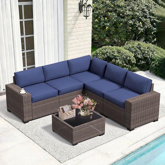 6 Pieces Wide Armrest Patio Furniture Set, Rattan Sectional Furniture with Thickened Cushions, Outdoor Patio Conversation Sets for Backyard, Poolside, Garden, Navy Blue/Brown, Sets of 6