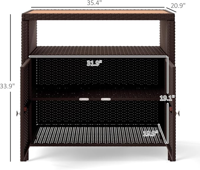 Outsunny Wicker Outdoor Storage Cabinet, Rattan Bar Table with Acacia Wood Countertop, 2 Doors and Shelf, Buffet Cabinet Sideboard for Poolside, Garden, Patio, Backyard, Brown