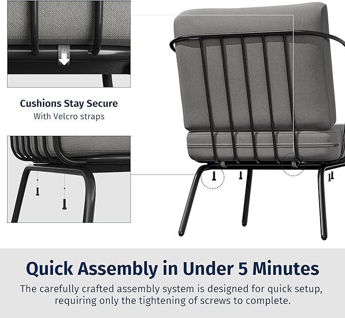 East Oak 3-Piece Plaza Patio Furniture Set, Outdoor Furniture with Thick Cushion Sofa and Coffee Table, Outdoor Bistro Set for 2, Modern Patio Conversation Set for Balcony, Black & Grey