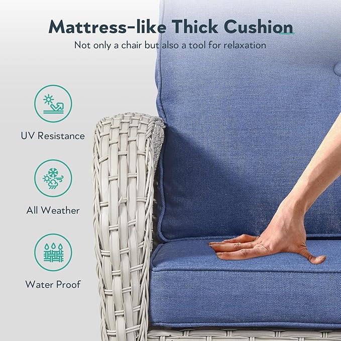 2 in 1 Porch Glider Swivel Chair - Wicker Patio Furniture Outdoor Swivel Rocker Chair with Thick Cushion, 300 Lb Weight Capacity Patio Swivel Glider Seating - Light Beige Wicker Blue Cushion