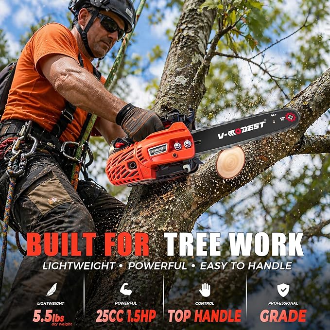 Top Handle Chainsaw, Gas Chainsaw 12 inch, 25cc 2-Stroke Climbing Saw, Gas Powered Small Chain Saw Lightweight 5.5 lbs for Tree Work, Wood Cutting & Pruning, Easy Control