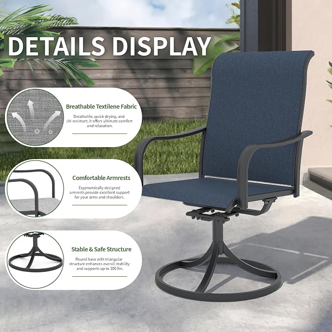 Anmutig 7 Piece Patio Dining Set for 6, 360° Swivel Chairs with Textilene Fabric, Large Rectangular Table and Chairs for Lawn Garden Backyard Poolside Deck, Blue