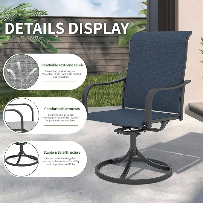 Anmutig 7 Piece Patio Dining Set for 6, 360° Swivel Chairs with Textilene Fabric, Large Rectangular Table and Chairs for Lawn Garden Backyard Poolside Deck, Blue