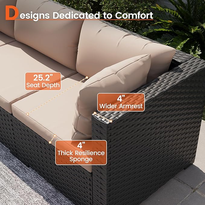 8 Piece Patio Furniture Set with 43" Fire Pit Table, Outdoor Sectional Wicker Rattan Sofa Set with Coffee Table (Beige/Black)