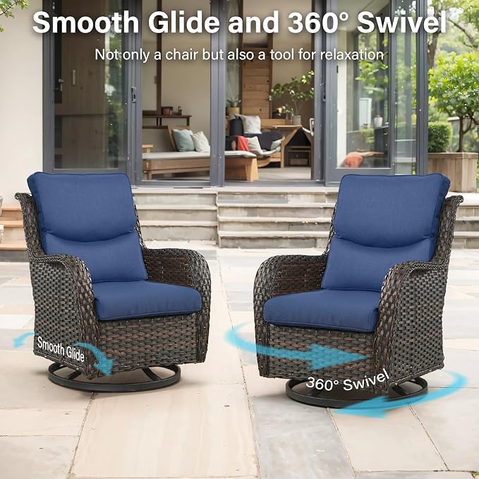 Outdoor Swivel Rocker Patio Chairs Set of 7 with 5" Thick Cushions ,7 Piece Furniture Set with Fire Pit Table All Weather Wicker Conversation Set for Porch Deck - Brown Wicker | Blue Cushions