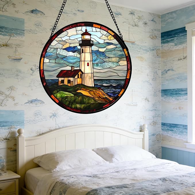 DASTOLL Stained Glass Window Hanging, Ocean Lighthouse Sun Catchers Glass Panel Blue Green Suncatcher Decor for Birthday for Women, Men, Wife, Aunt, and Mom 14.9x14.9 in