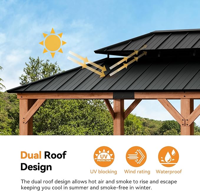 Modern Shade Rosewood Wood Gazebo 12' x 20', Hardtop Gazebo Permanent with Double Galvanized Steel Roof, Cedar Outdoor Gazebo with Sturdy Hooks for Garden, Backyard, Patio, and Deck