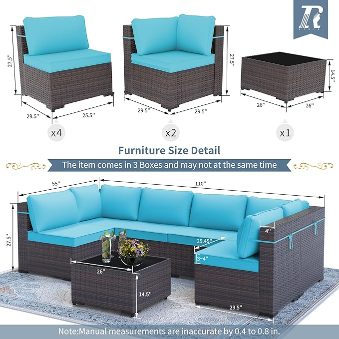 7 Pieces Outdoor Patio Furniture Set,Outdoor Sectional Furniture All Weather PE Rattan Wicker Patio Conversation Set with Coffee Table and 6 Thickened Cushions,Turquoise Blue