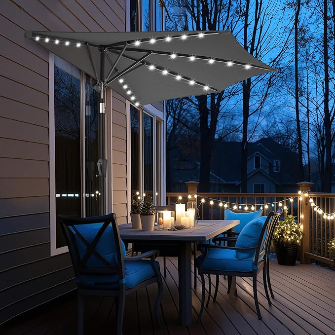 9FT Solar Half Umbrellas Outdoor - LED Half Patio Umbrella with 25 Lights, UV Protection Waterprool, Half Round Umbrella for Wall Balcony, Pool, Porch, Garden, Deck, Backyard, Anthracite