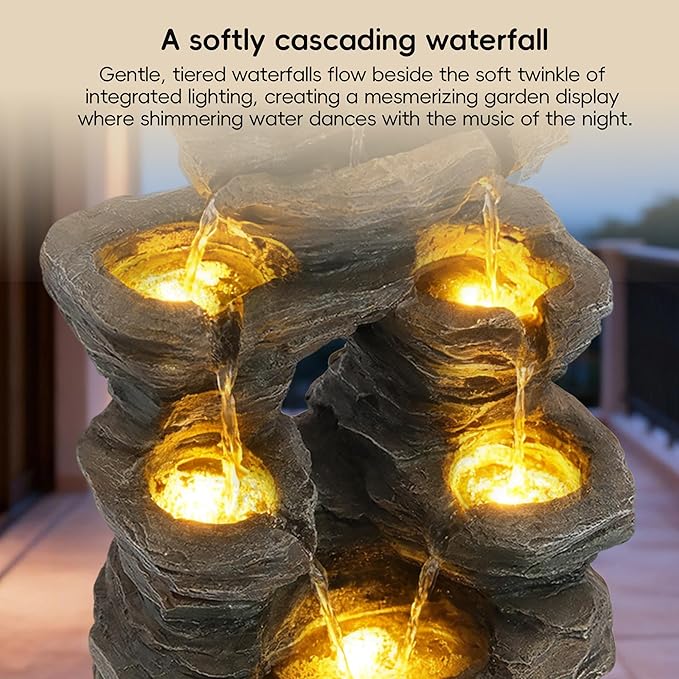 7-Tier Cascading Outdoor Fountain with LED Lights, 23" H Fountains and Waterfalls Stone-Look for Garden, Patio, Yard Decor