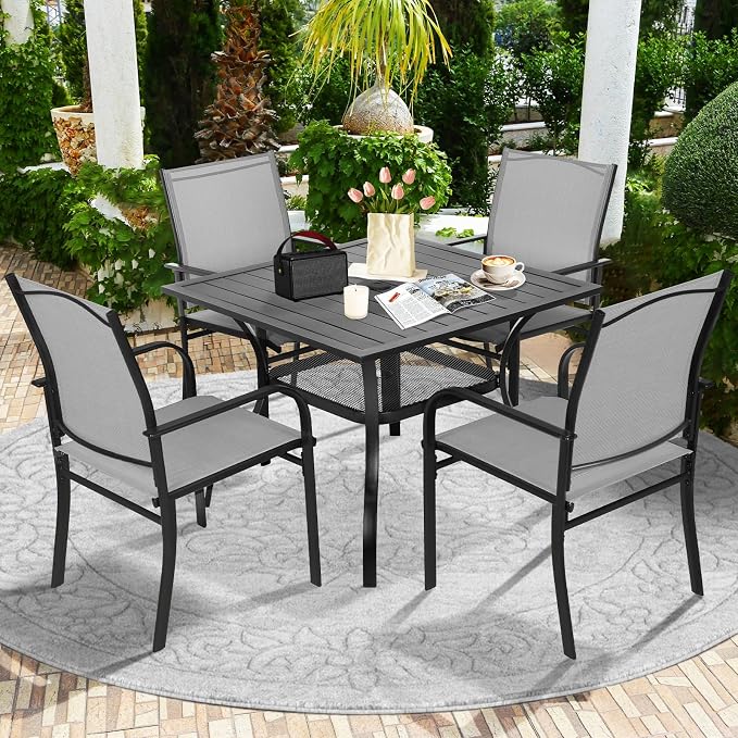 SUNCROWN 6 - Piece Outdoor Dining Set, Patio Furniture Set with 4 Textilene Dinning Chairs, 1 Steel Slat Metal Bistro Table and 1 Brown 9Ft Patio Umbrella for Lawn Garden Backyard Deck, Grey