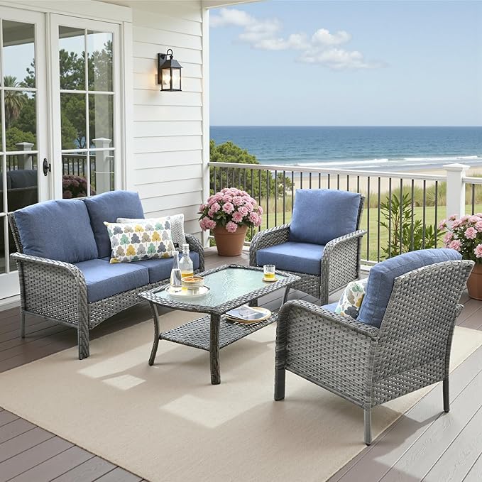 4 Pieces Patio Furniture Set, Small Outdoor Patio Set with Coffee Table, All-Weather Rattan Wicker High Back Conversation Set Loveseat with Chairs for Porch, Backyard, Balcony, Denim Blue
