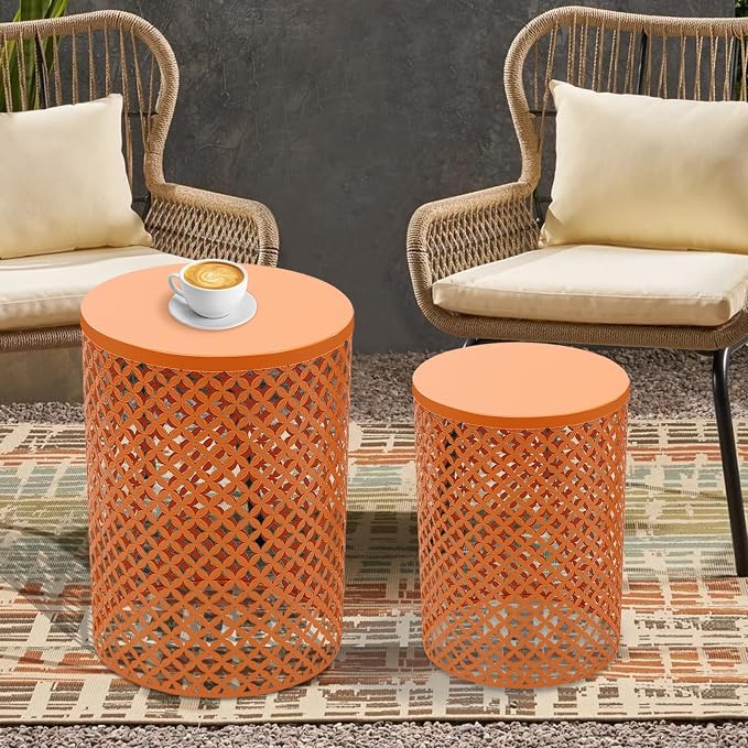 Set of 2 Outdoor Side Table, Garden Stool for Patio, Metal Accent Table Modern End Table, Patio Side Table for Garden, Balcony, Bedroom Indoor Outdoor Decorative, Terracotta Orange