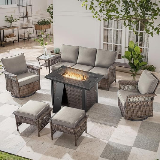 Patio Furniture Set with Fire Pit Table, 7PCS Patio Conversation Set Brown Resin Wicker Swivel Patio Chair Sofa Ottoman Set with Side Table and Fire Table PE Rattan Furniture Set