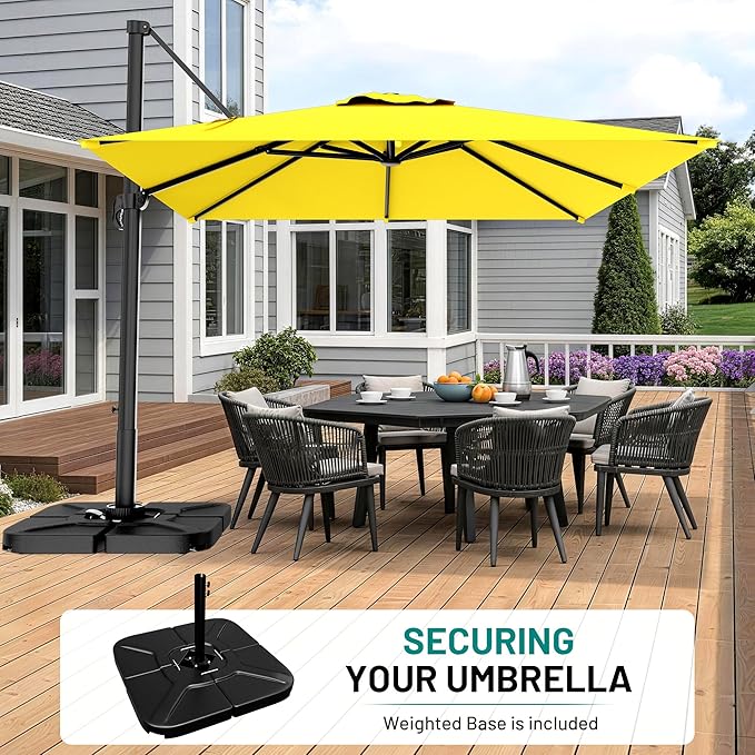 AreShark 9 × 9FT Square Cantilever Patio Umbrella with Base Included, 360° Rotation Offset Outdoor Umbrella, 5 Tilt Settings Heavy Duty Hanging Parasol for Deck Garden Pool, Yellow