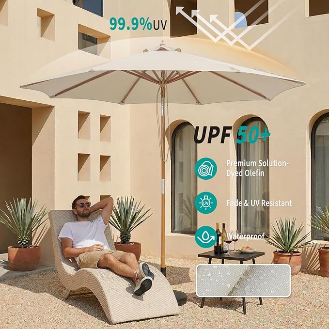 9FT/10FT Bamboo Patio Umbrella, Large Outdoor Umbrella with UPF 50+ Sun Protection, Rope Pulley Lift & Push-Button Tilt, 8-Rib Ventilated Canopy for Garden, Deck, Backyard & Outdoor Dining